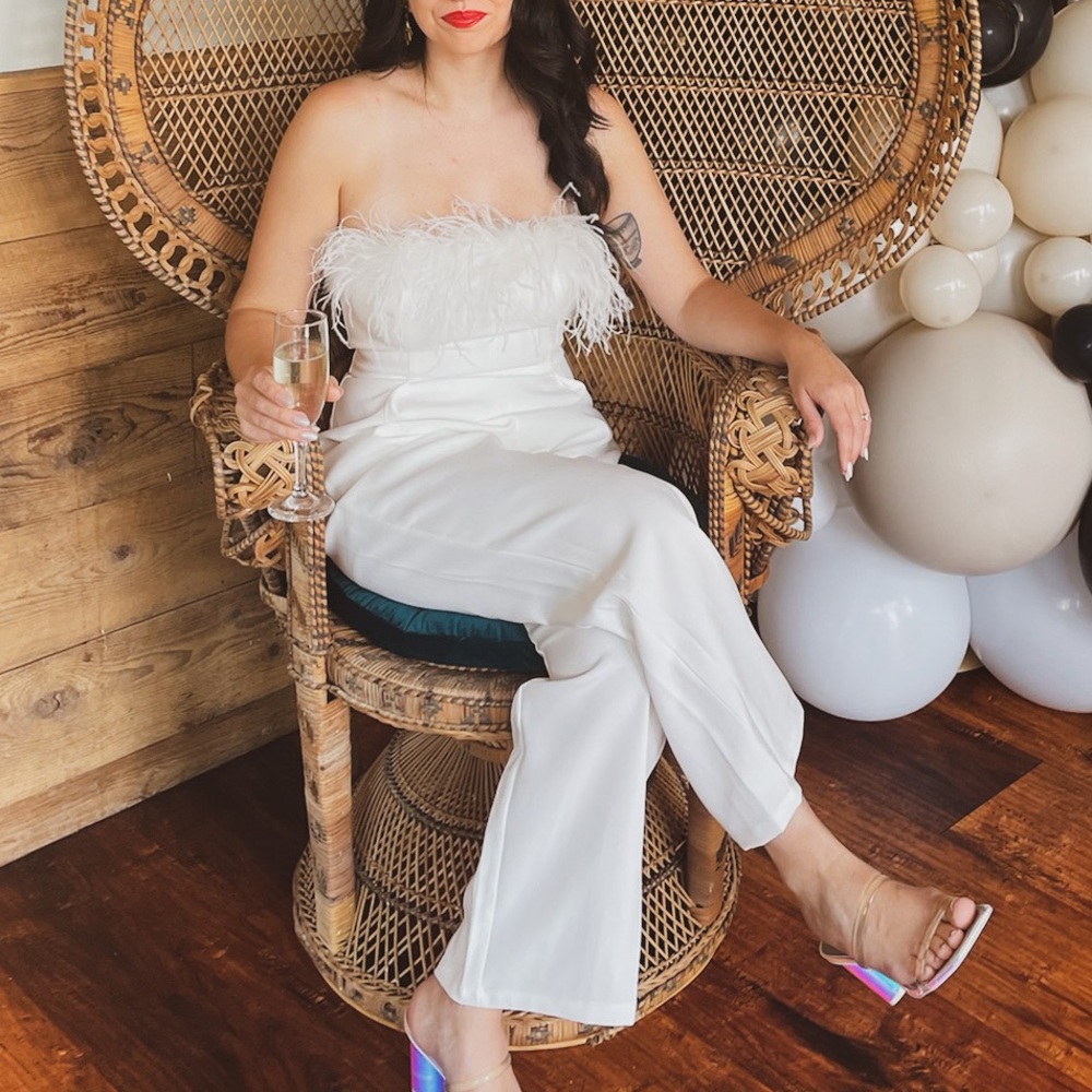 Boutique white feather fringe jumpsuit